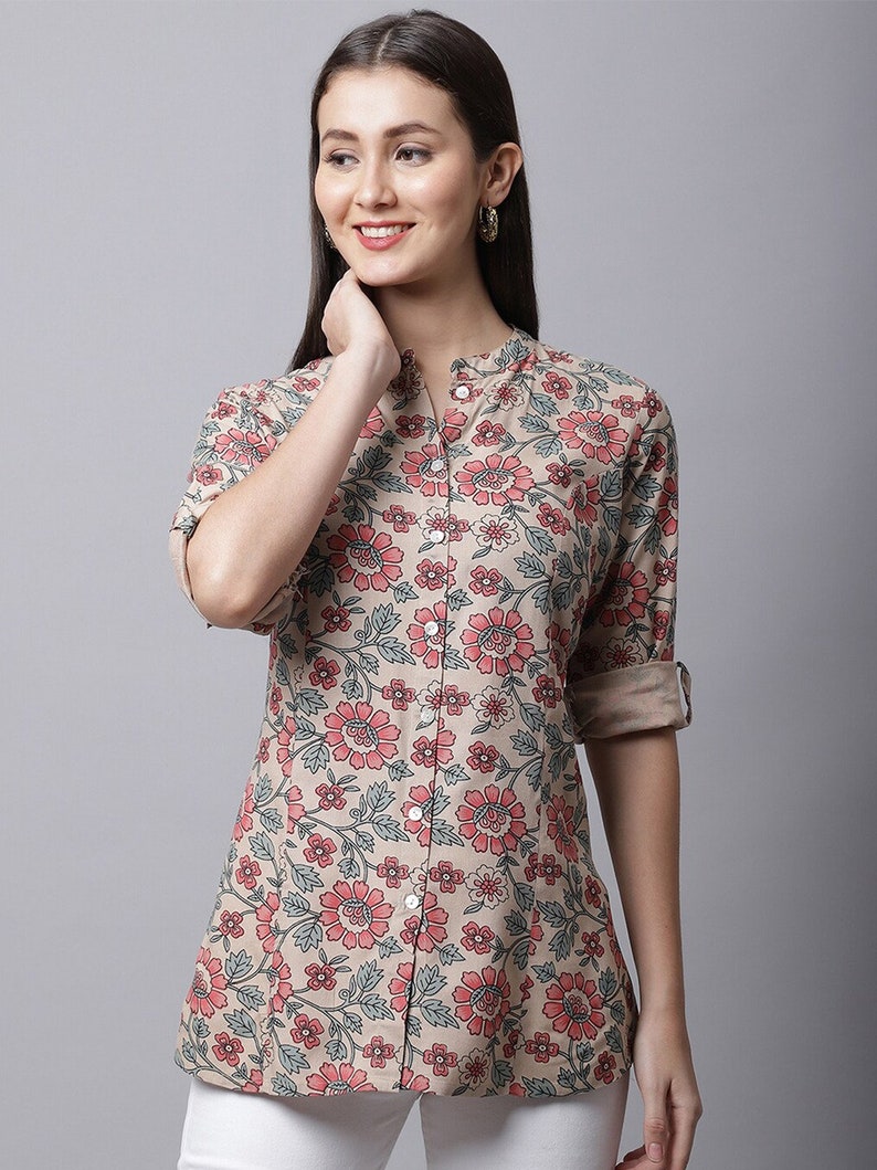 Indian Tunics For Women Brown Floral Printed Short Kurti Tunic Short Kurtis For Women Summer Tops Plus Size Tunics XXL 3XL 4XL image 1