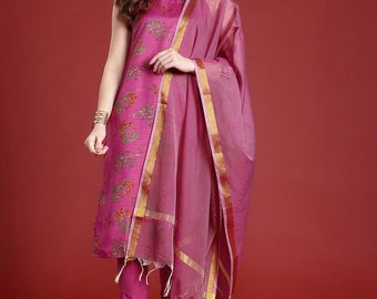 Ensemble kurta sans manches - Ensemble Kurta en soie Party Wear - Robe de mariée indienne - Kurta Empire imprimé floral rose avec pantalon et Dupatta