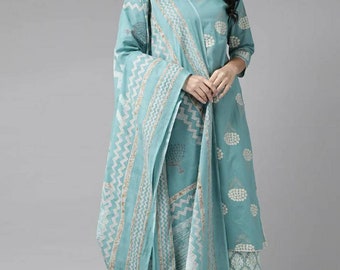 Kurta Set - Blau und Off-White Bedruckt Kurta mit Palazzos & Dupatta - Indian Ethnic Wear - Party Wear - Salwar Kameez - Salwar Anzug