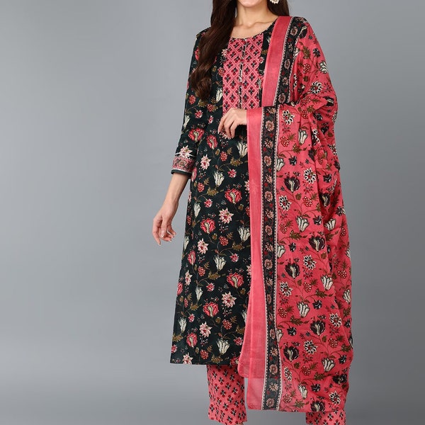 Kurta Set For Women - Teal Blue & Pink EthnicMotifs Print Cotton Kurta with Trousers Dupatta - Indian Summer Wear - Pakistani Salwar Kameez