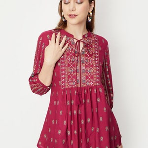 Indian Tunics For Women Burgundy Printed Empire Top Short Kurta Kurtis For Women Summer Tops Tees T-shirt Plus Size Boho Tops image 1
