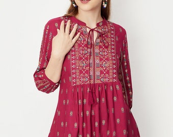 Indian Tunics For Women - Burgundy Printed Empire Top - Short Kurta - Kurtis For Women - Summer Tops Tees T-shirt Plus Size Boho Tops