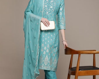 Kurta Set für Frauen - Türkis Farbe Gota Patti Rayon Kurta mit Palazzos & Dupatta - Indisches Kleid - Salwar Kameez - Pakistanischer Designer