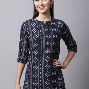 Indische Tunika Navy Blau Gedruckt Kurti Tunika für Frauen Kurze Kurtis Für Frauen Sommer Tops und T-Shirts ethnische Kleidung Bild 3