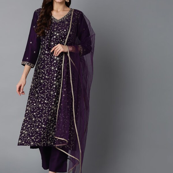 Silk Kurta Set - Purple Embroidered Sequinned Kurta with Trousers Dupatta Indian Ethnic Wear - Dresses For Women - Party Wear - Kurti Dress