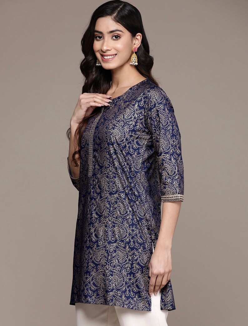 Kurtis für Damen, indische Tunika, kurzes Kurta-Kleid, Marineblau, bedrucktes Kurti-Indianerkleid, Oberteil und T-Shirts, bedrucktes Kurti-Sommeroberteil für Damen Bild 4