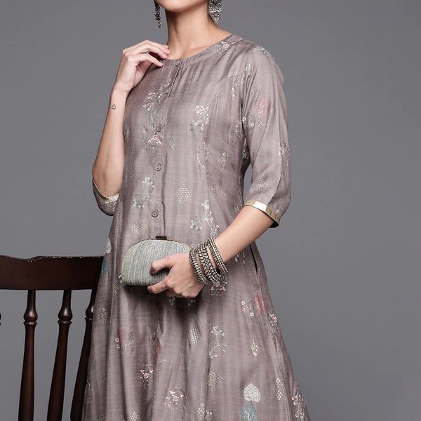 Ensemble kurta en soie - Kurta gris et doré à imprimé floral avec pantalon - Vêtements ethniques indiens - Robes pour femme - Tenues de soirée - Salwar Kameez