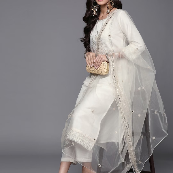 Kurta Set For Women - White Floral Embroidered Pure Cotton Kurta With Trousers & Dupatta - Indian Dress Salwar Kameez - Plus Size XXL