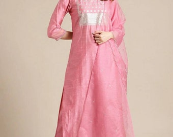 Silk Kurta Set - Pink Floral Embroidered Thread Work Kurta With Trousers & Dupatta - Indian Ethnic Wear - Dresses For Women - Party Wear