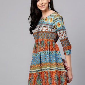 Kurzes Kurti für Frauen Blau & Orange bedrucktes A-Linien-Tunika-Oberteil Kurtis für Frauen Sommer Oberteile Tees Blusen Indische Tunika Top Boho Oberteile Bild 3