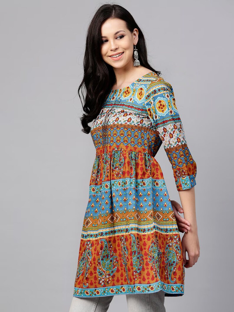 Kurzes Kurti für Frauen Blau & Orange bedrucktes A-Linien-Tunika-Oberteil Kurtis für Frauen Sommer Oberteile Tees Blusen Indische Tunika Top Boho Oberteile Bild 3