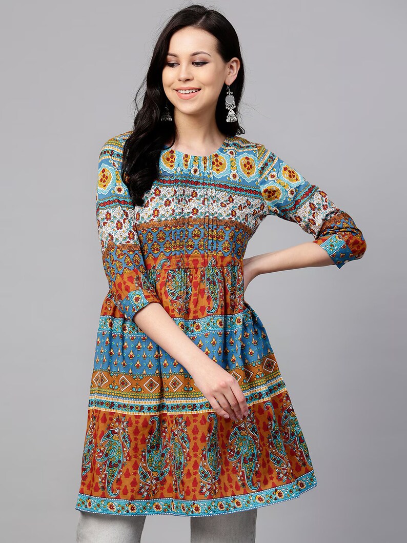 Kurzes Kurti für Frauen Blau & Orange bedrucktes A-Linien-Tunika-Oberteil Kurtis für Frauen Sommer Oberteile Tees Blusen Indische Tunika Top Boho Oberteile Bild 1