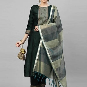 Navy Cotton Kurta Pallazo Set with Resham Weaving & Striped Dupatta main image 0