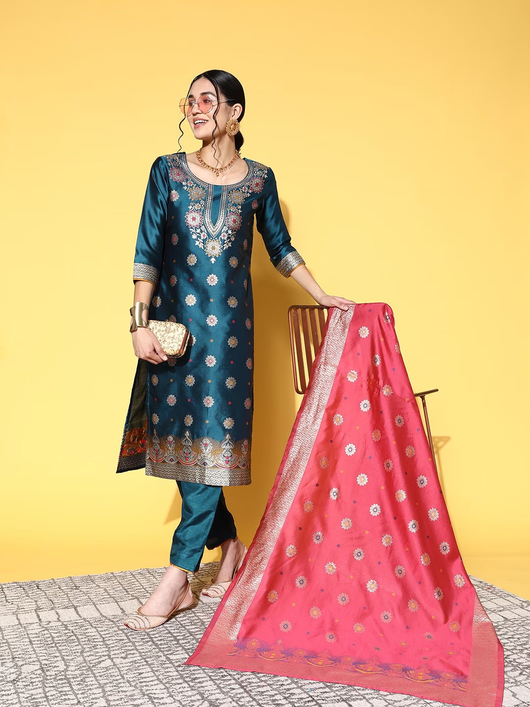 Party Wear Indian Dress Silk Kurta Set Women Teal Ethnic Etsy New Zealand