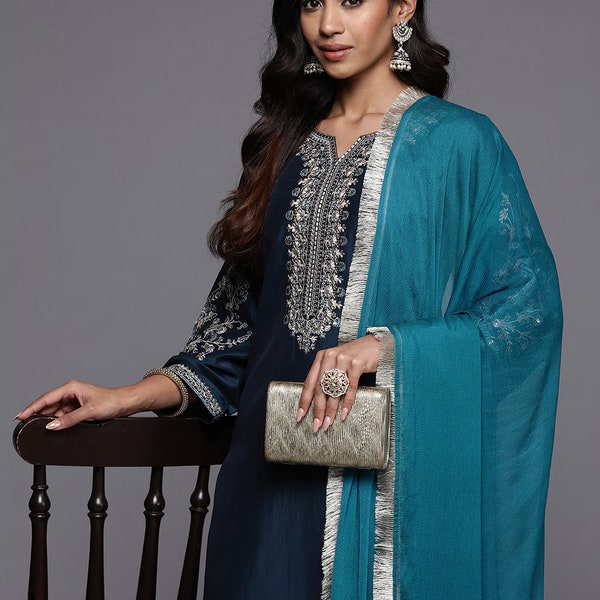 Silk Kurta Set - Navy Blue Embroidered Kurta with Trousers - Indian Ethnic Wear - Dresses For Women - Party Wear - Salwar Kameez