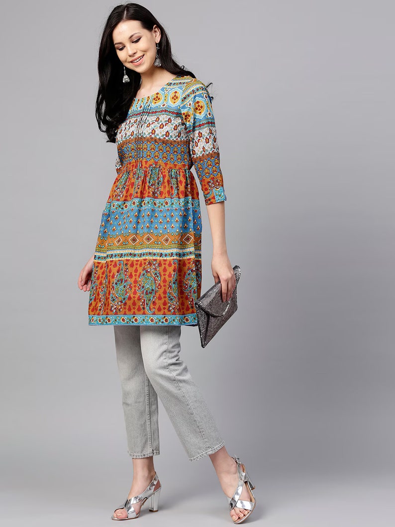 Kurzes Kurti für Frauen Blau & Orange bedrucktes A-Linien-Tunika-Oberteil Kurtis für Frauen Sommer Oberteile Tees Blusen Indische Tunika Top Boho Oberteile Bild 5