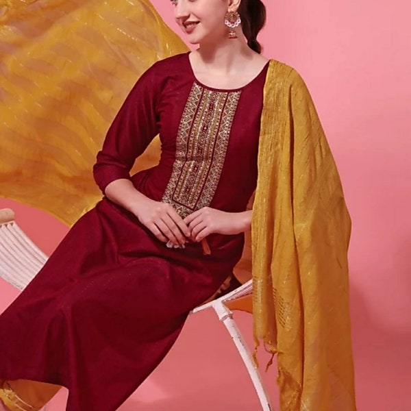 Kurta Set - Maroon Ethnic Motifs Embroidered Kurta with Trousers & Dupatta - Indian Dress - Salwar Kameez - 3 Piece Set