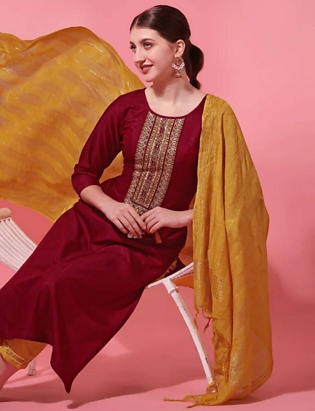 Kurta Set Maroon Ethnic Motifs Embroidered Kurta With Trousers ...