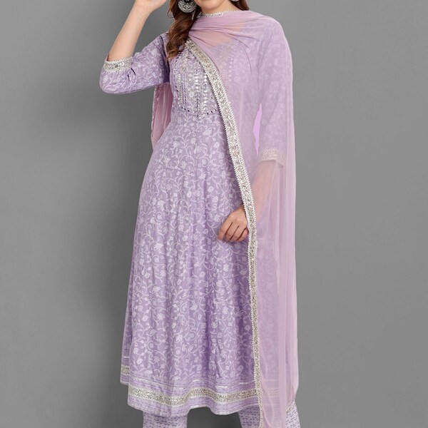 Kurta Sets Women - Indian Wedding Wear - Purple Ethnic Motifs Embroidered Mirror Work Kurta with Trousers & Dupatta - Pakistani Salwar Suit