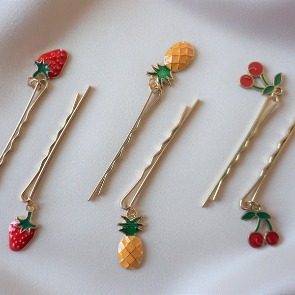 Hair Pins with Fruit Charms Set of 6 | Strawberry Cherry Pineapple Charms | Gold Bobby Pins Hair Accessory