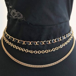 Gold Waist Chain Belt | Three Layers with black faux leather weave | Adjustable Waist Size