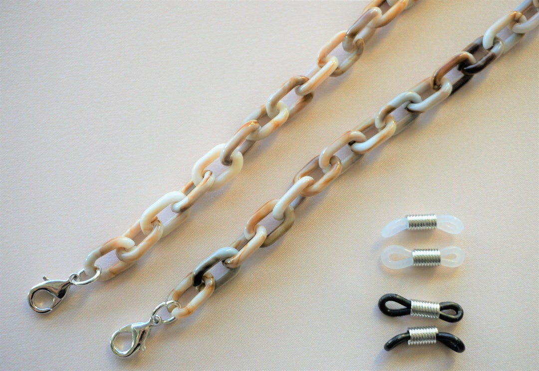 Chain for Eyeglass or Face Mask in Latte Color Resin Links With Silver Lobster Clasp and