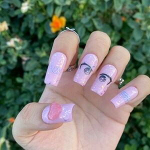 Gamer GirllCute Anime Eyes Video Game Pink Kawaii 3D Glitter Heart Gem Press On Nails image 6