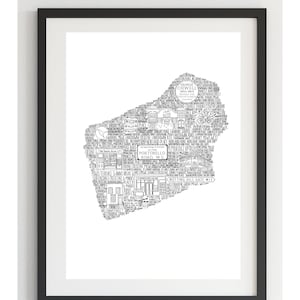 May include: A black and white illustration of the Portobello Road area in London, England. The illustration is made up of text that names the streets, shops, and landmarks in the area. The text is arranged in the shape of the area.