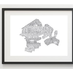 May include: A black and white framed print of a city map made of text. The map is of a city with a large body of water in the center. The text is in a small font and is difficult to read.