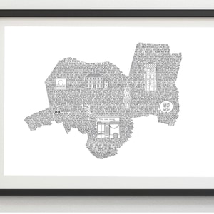 Może przedstawiać: Czarno-biała mapa typograficzna miasta, z nazwą miasta i punktami orientacyjnymi zapisanymi w obrysie mapy.