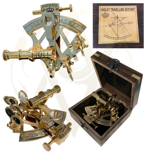 Brass Nautical Astrolabe Sextant With Glasstop Display Box – Vintage Reproduction British Royal Navy