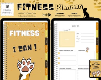 Digital Fitness Planner, 12 Weeks Fitness Planner, Weight Loss Planner, Cat Fitness Planner