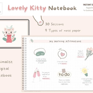 May include: A digital notebook with a pink and white cover featuring a cartoon cat wearing a red scarf. The notebook has 30 sections and 9 types of note paper. The text "My Morning Affirmations" is at the top of the page. The page has a grid pattern and features several affirmations with illustrations.