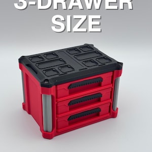 May include: A red and black three-drawer storage unit with a textured top and three pull-out drawers. The unit has grey vertical supports and black handles. The text "3-DRAWER SIZE" is displayed above the unit.