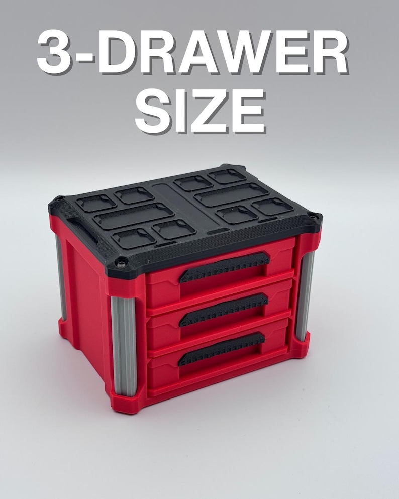 May include: A red and black three-drawer storage unit with a textured top and three pull-out drawers. The unit has grey vertical supports and black handles. The text "3-DRAWER SIZE" is displayed above the unit.