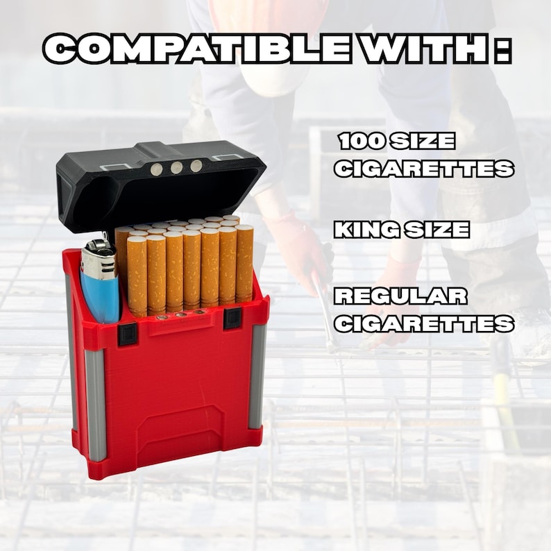May include: A red and black cigarette case with a blue lighter. The case is open, revealing a stack of cigarettes. Text on the image reads "COMPATIBLE WITH: 100 SIZE CIGARETTES, KING SIZE, REGULAR CIGARETTES."