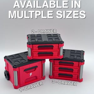 May include: Red and black storage drawers in various sizes. The image displays a 1-drawer, 2-drawer, and 3-drawer unit. The text "AVAILABLE IN MULTIPLE SIZES" is at the top of the image.