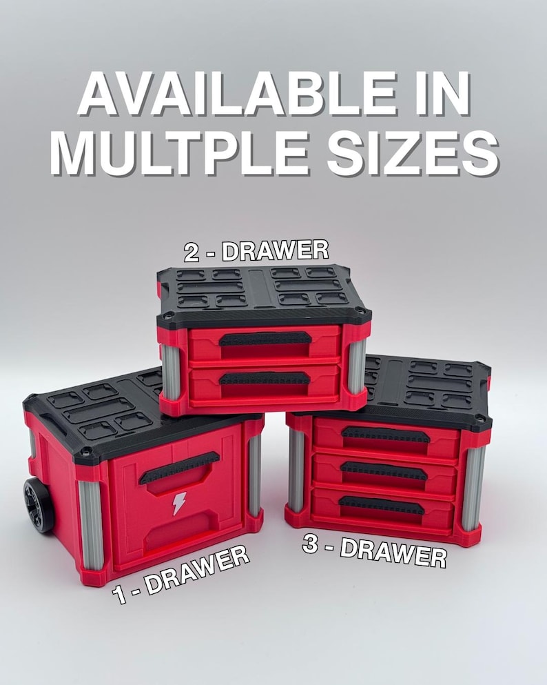 May include: Red and black storage drawers in various sizes. The image displays a 1-drawer, 2-drawer, and 3-drawer unit. The text "AVAILABLE IN MULTIPLE SIZES" is at the top of the image.