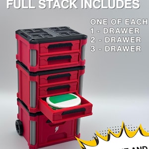 May include: A red and black rolling tool chest with multiple drawers, including an open drawer. The text "FULL STACK INCLUDES" and "COMBINE AND SAVE!" are visible. The chest has a lightning bolt logo.