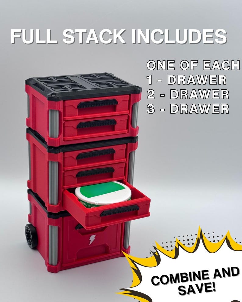 May include: A red and black rolling tool chest with multiple drawers, including an open drawer. The text "FULL STACK INCLUDES" and "COMBINE AND SAVE!" are visible. The chest has a lightning bolt logo.