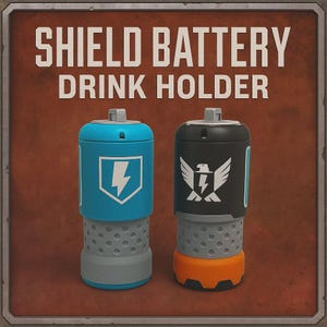 May include: Two cylindrical drink holders. One is light blue with a white lightning bolt design, the other is black with a white eagle and lightning bolt design. The text "SHIELD BATTERY DRINK HOLDER" is at the top.