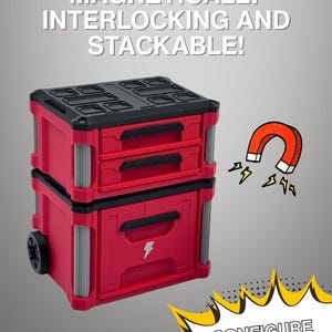 May include: Red and black interlocking and stackable storage containers. The containers have drawers and a lightning bolt symbol. The image includes the text "MAGNETICALLY INTERLOCKING AND STACKABLE!" and "CONFIGURE HOW YOU LIKE!"