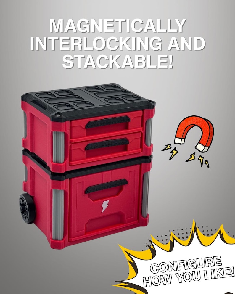 May include: Red and black interlocking and stackable storage containers. The containers have drawers and a lightning bolt symbol. The image includes the text "MAGNETICALLY INTERLOCKING AND STACKABLE!" and "CONFIGURE HOW YOU LIKE!"