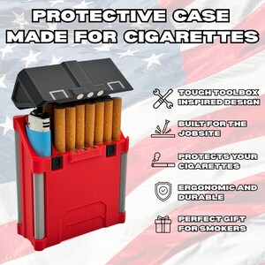 May include: Red and black protective cigarette case with a tough toolbox-inspired design. The case holds cigarettes and a lighter. Text on the case reads "PROTECTIVE CASE MADE FOR CIGARETTES". The case is ergonomic and durable.