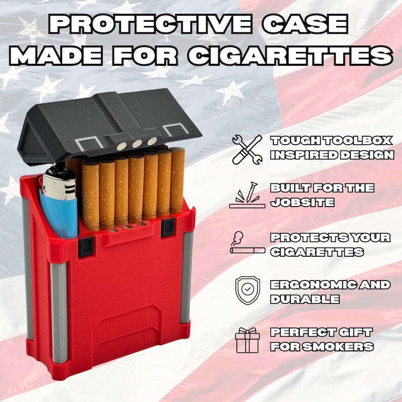 May include: Red and black protective cigarette case with a tough toolbox-inspired design. The case holds cigarettes and a lighter. Text on the case reads "PROTECTIVE CASE MADE FOR CIGARETTES". The case is ergonomic and durable.