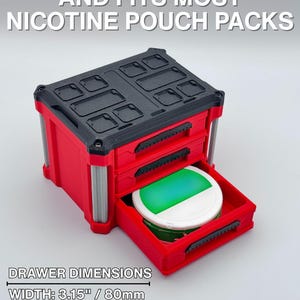May include: Red and black storage box with a drawer open, containing a nicotine pouch. The box has silver supports and the text "AND FITS MOST NICOTINE POUCH PACKS". Drawer dimensions: width 80mm, depth 73mm, height 20mm.