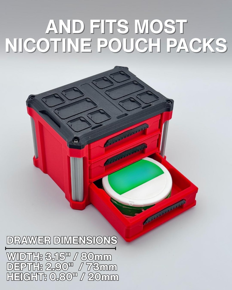 May include: Red and black storage box with a drawer open, containing a nicotine pouch. The box has silver supports and the text "AND FITS MOST NICOTINE POUCH PACKS". Drawer dimensions: width 80mm, depth 73mm, height 20mm.