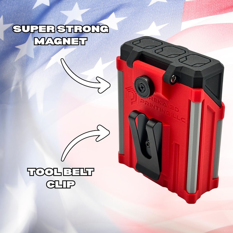 May include: A red and black tool holder with a tool belt clip and a super strong magnet. The holder has gray accents and the text "EUREKA 3D PRINTING LLC". The background features a red, white, and blue American flag design.