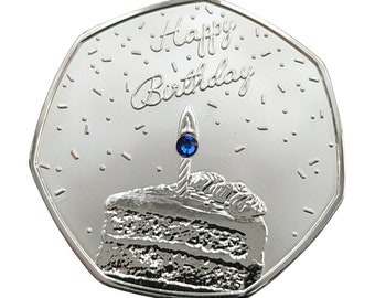 Happy Birthday ( Cake ) Silver Plated Commemorative Coin & Blue Swarovski Crystal