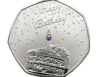 Happy Birthday ( Cake ) Silver Plated Commemorative Coin & Rainbow Swarovski Crystal